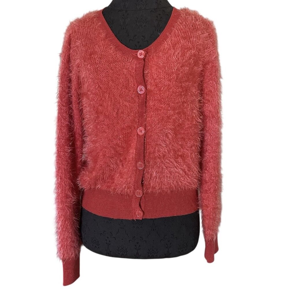 Rewind Cardigan Salmon Medium Long Sleeve Scoop Neck Button Down Fuzzy Sweater